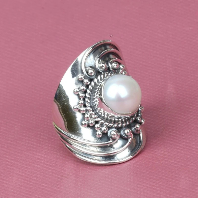 Bohemian style retro imitation pearl scroll wide face ring for leisure vacation, paired with jewelry, ceremony, holiday gift