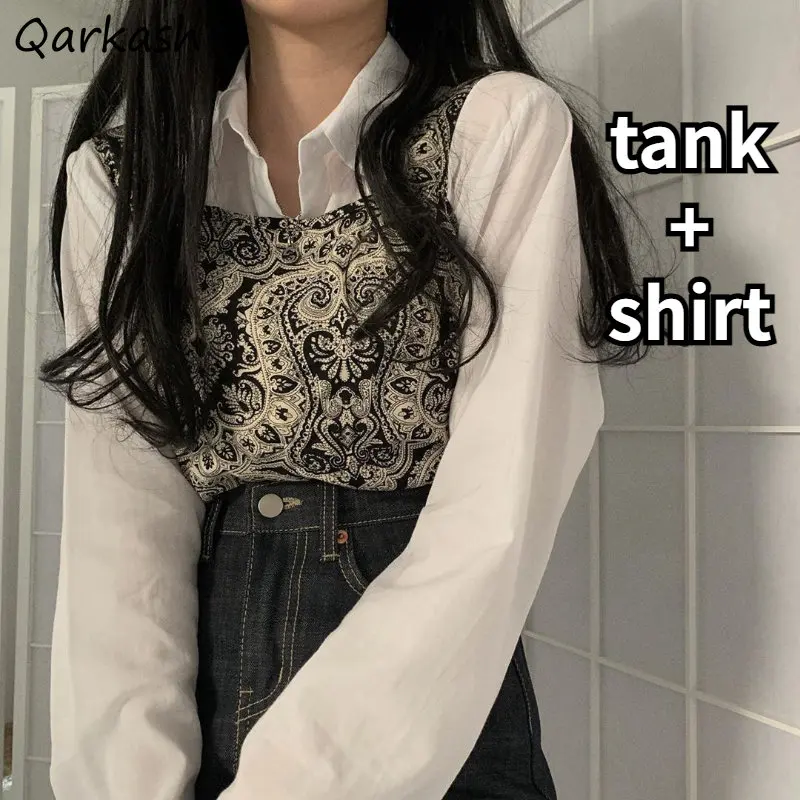 

Sets Women Print Vintage Bandage Design Tanks Loose Shirts Fashion Long-sleeve Casual Chic Korean Style Spring Personality Ins