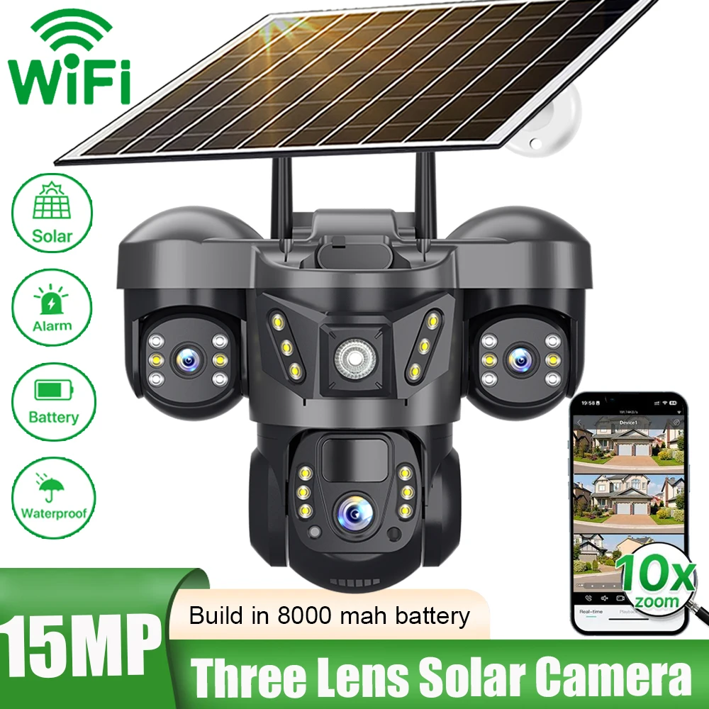 

15MP Solar Camera Wireless Wifi Outdoor PTZ Three Lens 10X Zoom Video Surveillance Built-in Battery Night Vision Security System