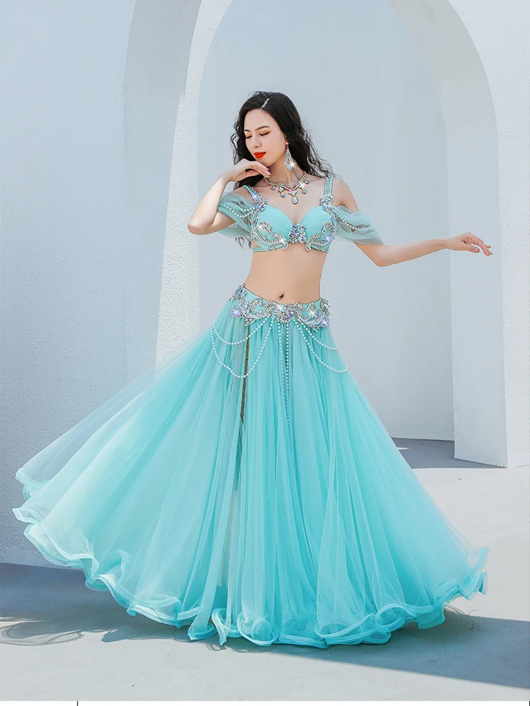 Elegant Popsong Women Egyptian Dance Competition Belly Dance Costume Oriental Dance Rhinestone Beaded Bra Belt Maxi Skirt