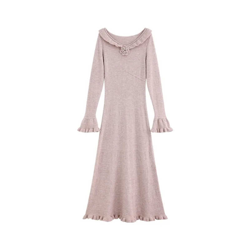 Wool Knit Dress for Women Elegant French Style Midi Dress Slim Fit Long Sleeve Ruffle Collar Waist Dress Lady Winter Warm Outfit