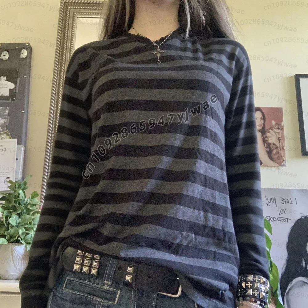 Y2k Teen Gestreifte Damen Langarm-T-Shirts, Fairy Grunge Print, Weite Oberteile, Vintage Harajuku E-Girl Shirts, Vintage Damen T-Shirt – Detail 7