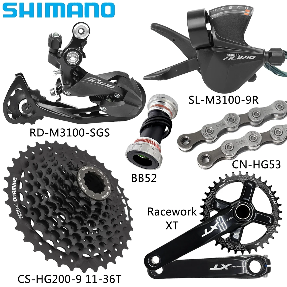 SHIMANO AVILIO M3100 9 Speed Derailleur Racework XT Crankset HG200 32/34/36T Cassette CN-HG53 Chain for MTB Bike Bicycle Parts