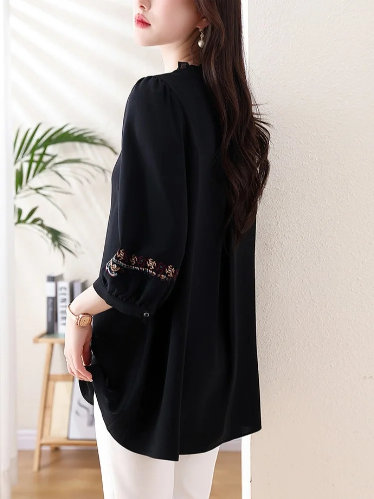 Ele geborduurde losse moeder irt zomer nieuwe Sle Koreaanse versie polyestervezel Seven Sve rond Ne halflange chiffon...