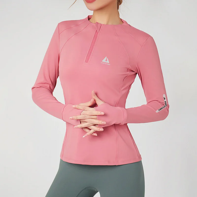 Women\'s Long Sleeve Top For Fitness Slim Fit Zip O-Neck Yoga Shirt With Thumb Holes Quick Dry Tshirt Sport Gym Running Jacket