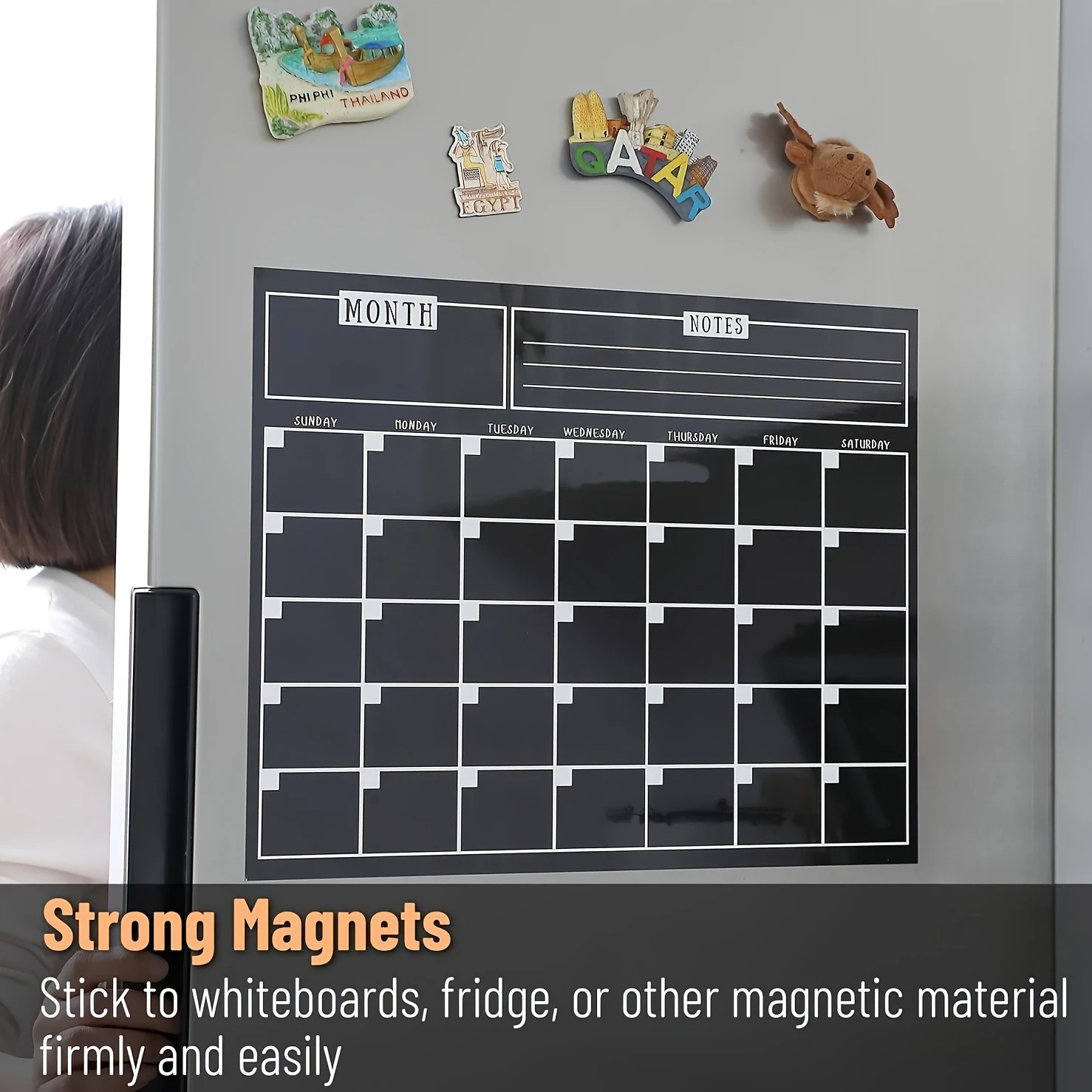 1PC Refrigerator Sticker Calendar Wall Sticker Learning Schedule, Refrigerator Sticker Message Board Black Monthly Calendar