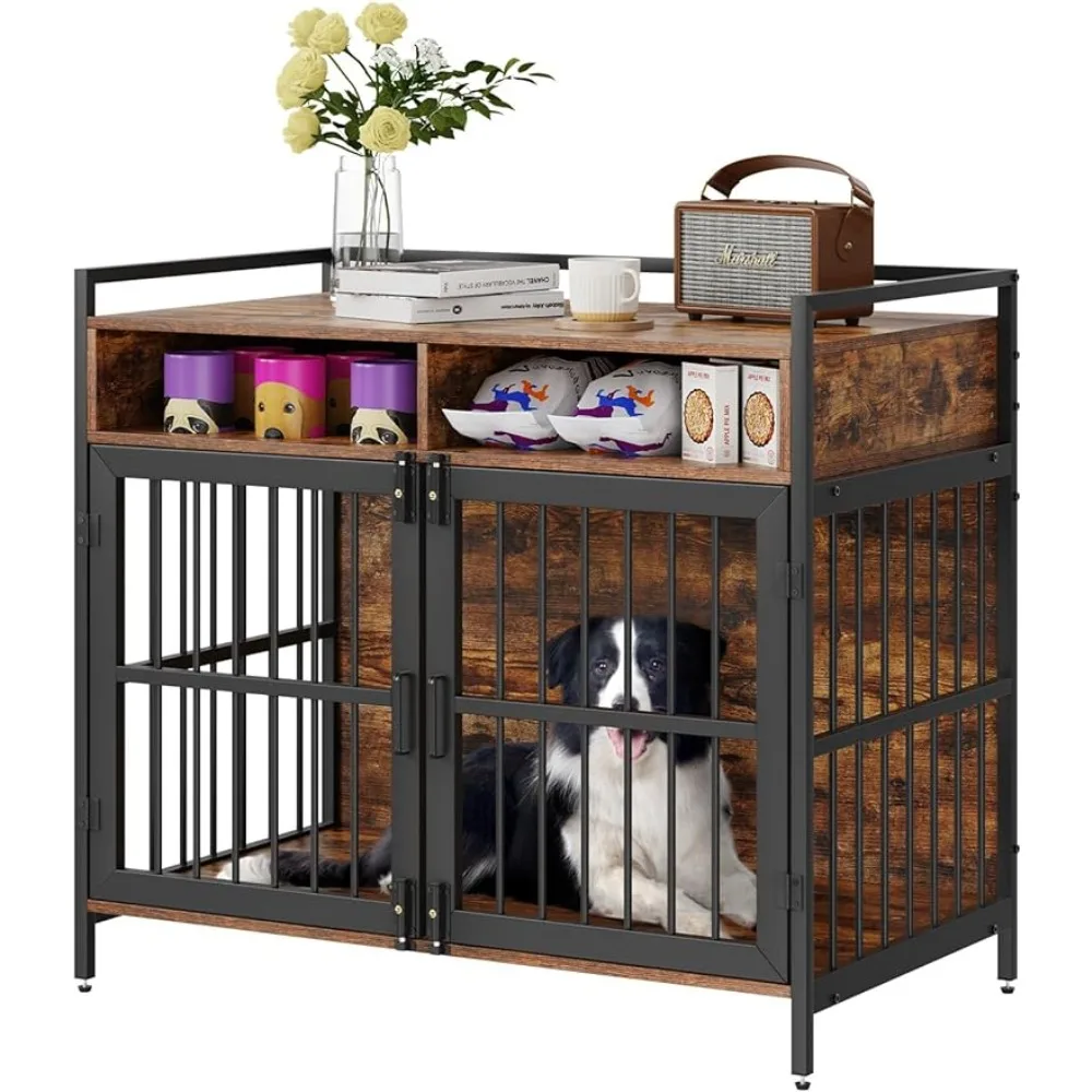 

Furniture style dog cage with storage space and double doors, suitable for large indoor dogs, can hold up to 70 pounds