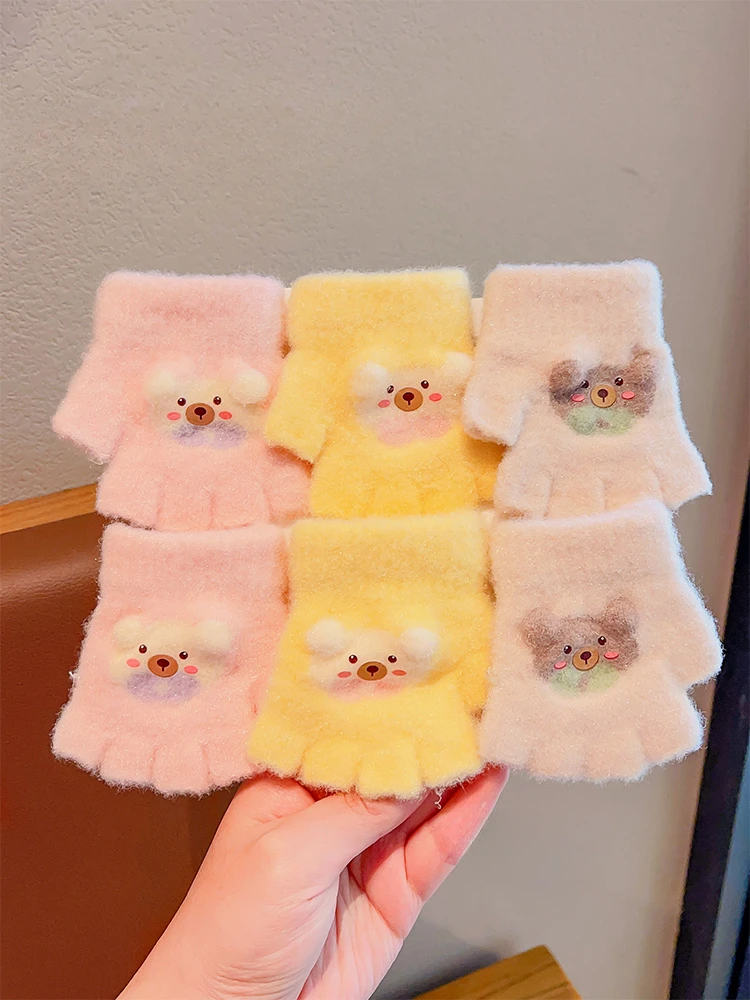 2023 New Baby Girls Boys Cute Bear Plush Soft Five Finger Gloves Winter Outdoor Children Warm Lovely Gloves Kids Colors Gloves