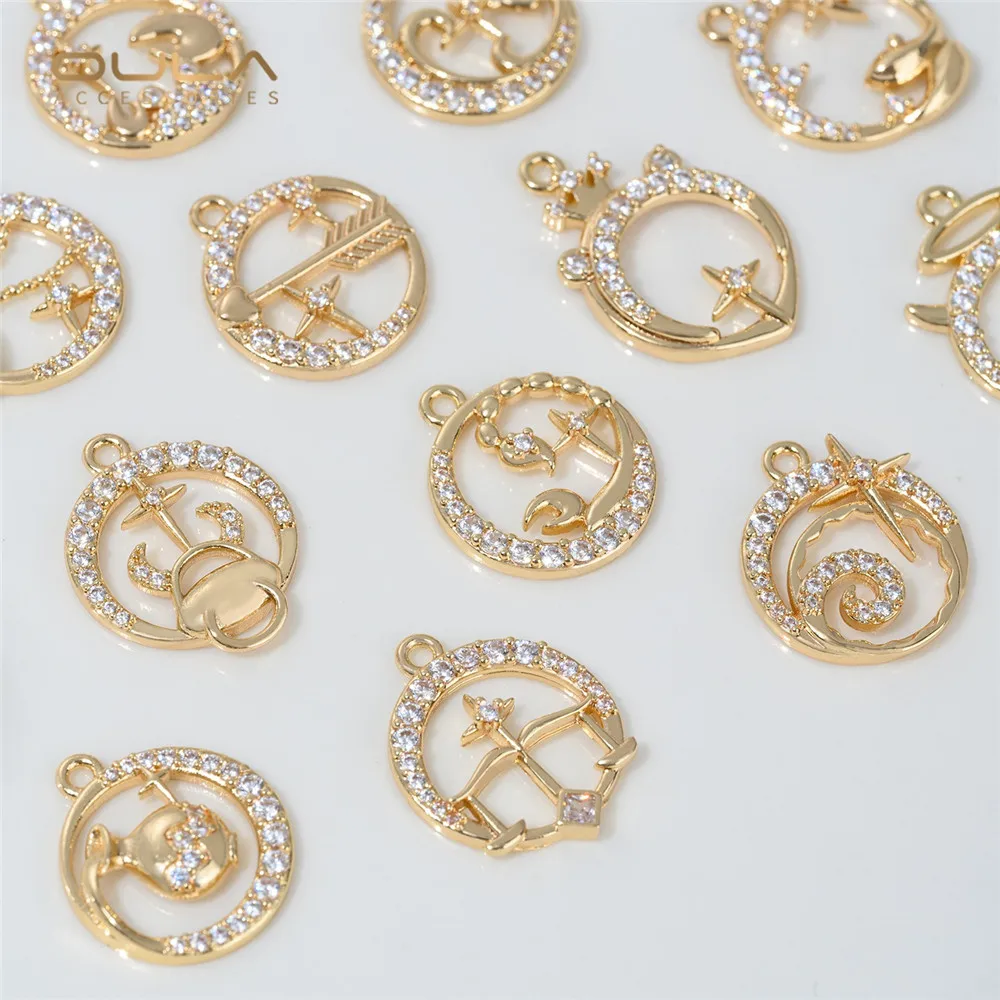 

1pcs 14K Gold-plated Zircon Round Zodiac Sign Pendant Beads Diy Handcrafted Bracelet Necklace Accessory Material
