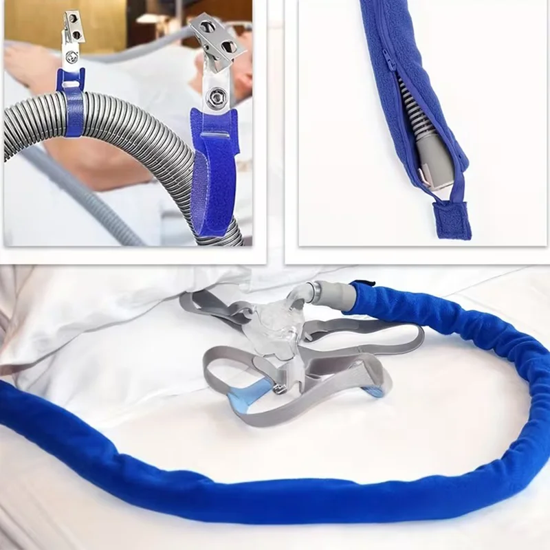 1 Comfortable Cpap Tube Cover with 2 Hooks, Ultra-Thin Thermal Cover for Side Sleepers, Compatible with Heated and Standard Tubes, Soft Zipper Protective Case (Blue/Grey)