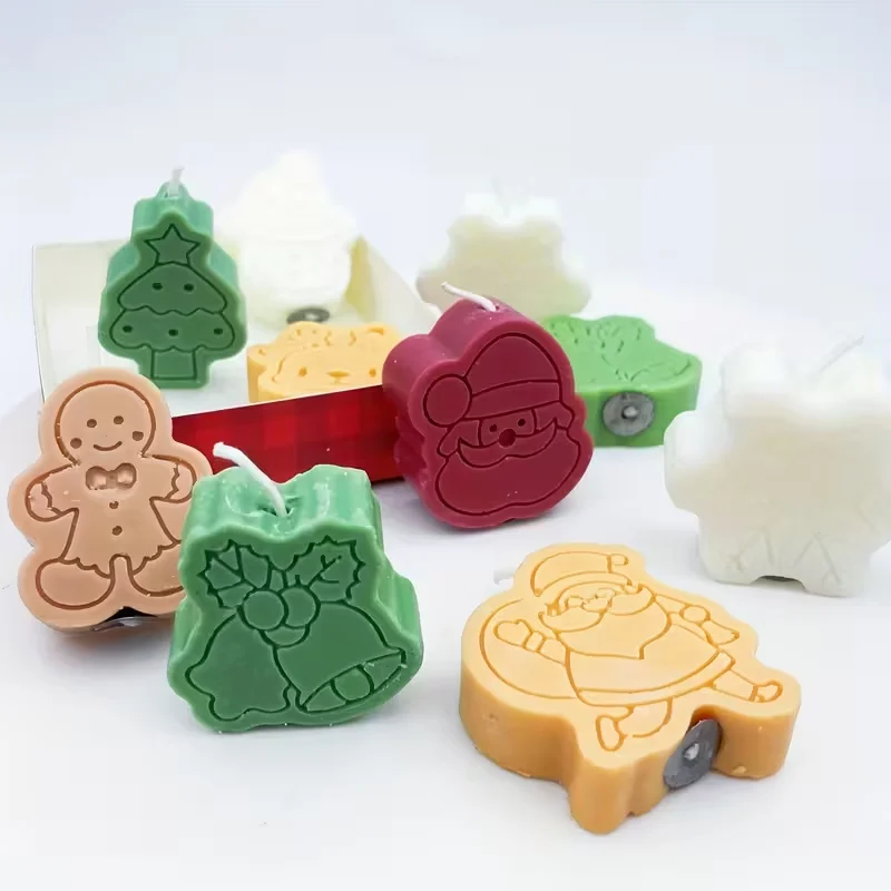 4 Stück festliche Weihnachtskerzen – Düfte von Lebkuchen-Weihnachtsbäumen, Weihnachtsmann und Schneeflocken – Sojawachs, kurze Verbrennungszeit, kreativ