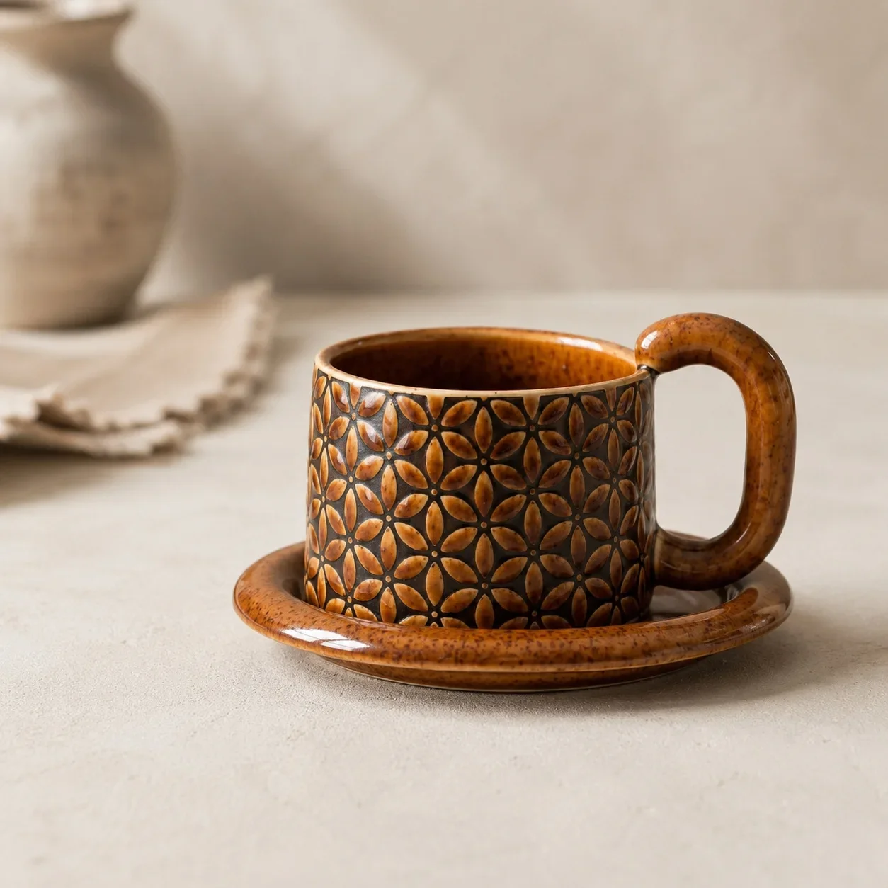DSA Japanese retro style flower coffee cup saucer creative coarse pottery handle mug ceramic water cup couple cup