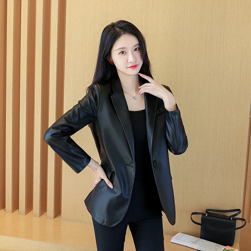 Blouson en cuir noir pour femmes, slim, élégant, décontracté, mode coréenne, printemps automne 2023