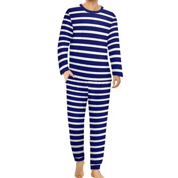 Conjunto de pijama masculino listrado náutico, pijama masculino de verão, manga comprida, azul, branco, gráfico, inverno, quarto