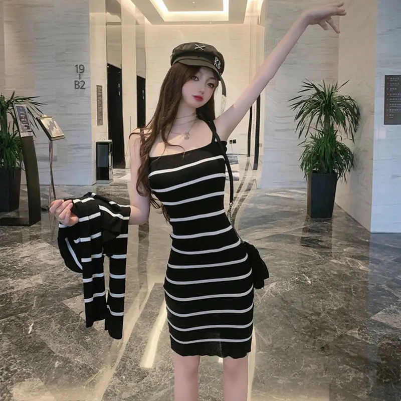 Autumn Winter Dresses For Women 2024 Ins Striped Carfigan+Wrap Hip Dress 2 Piece Sets Womens Outfits Korean Fashion 스커트 세트 투피스