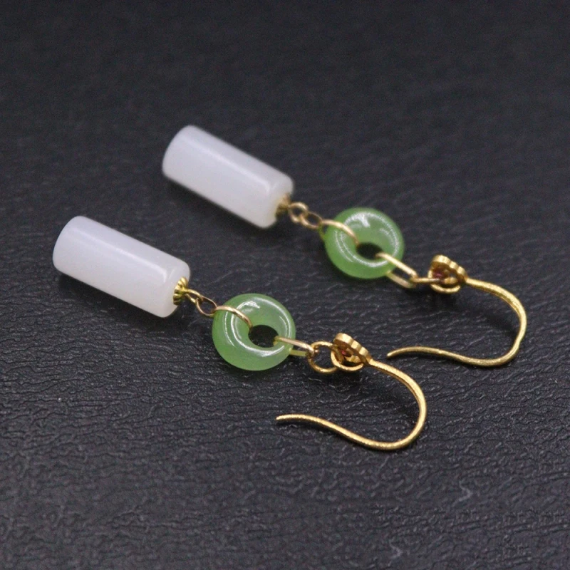 Real Pure 18K Yellow Gold Natural Jade Jasper Circle White Column Women Lucky Dangle Earrings