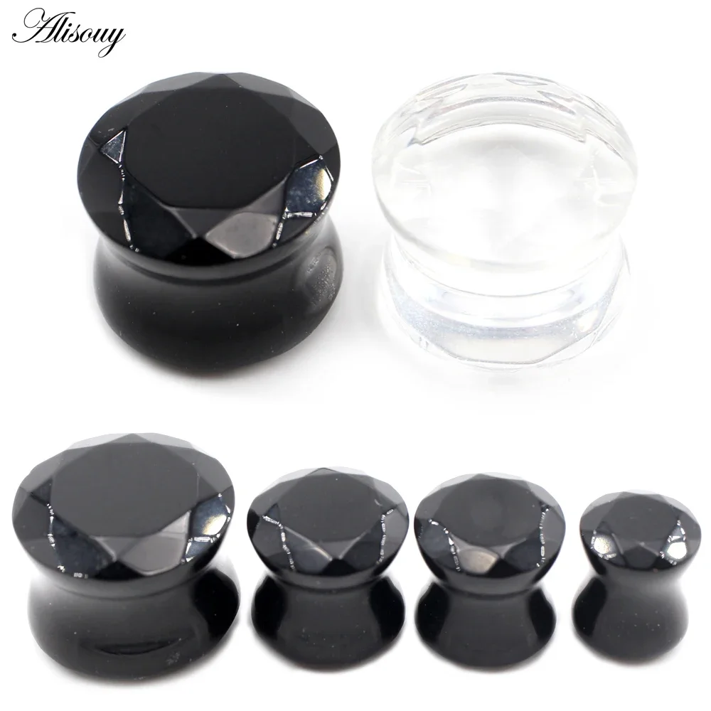 Alisouy 2PC 6-19mm Black Clear Glass Rhombus Section Round Ear Tunnels Plugs Expanders Stretcher Gauges Piercing Body Jewelry