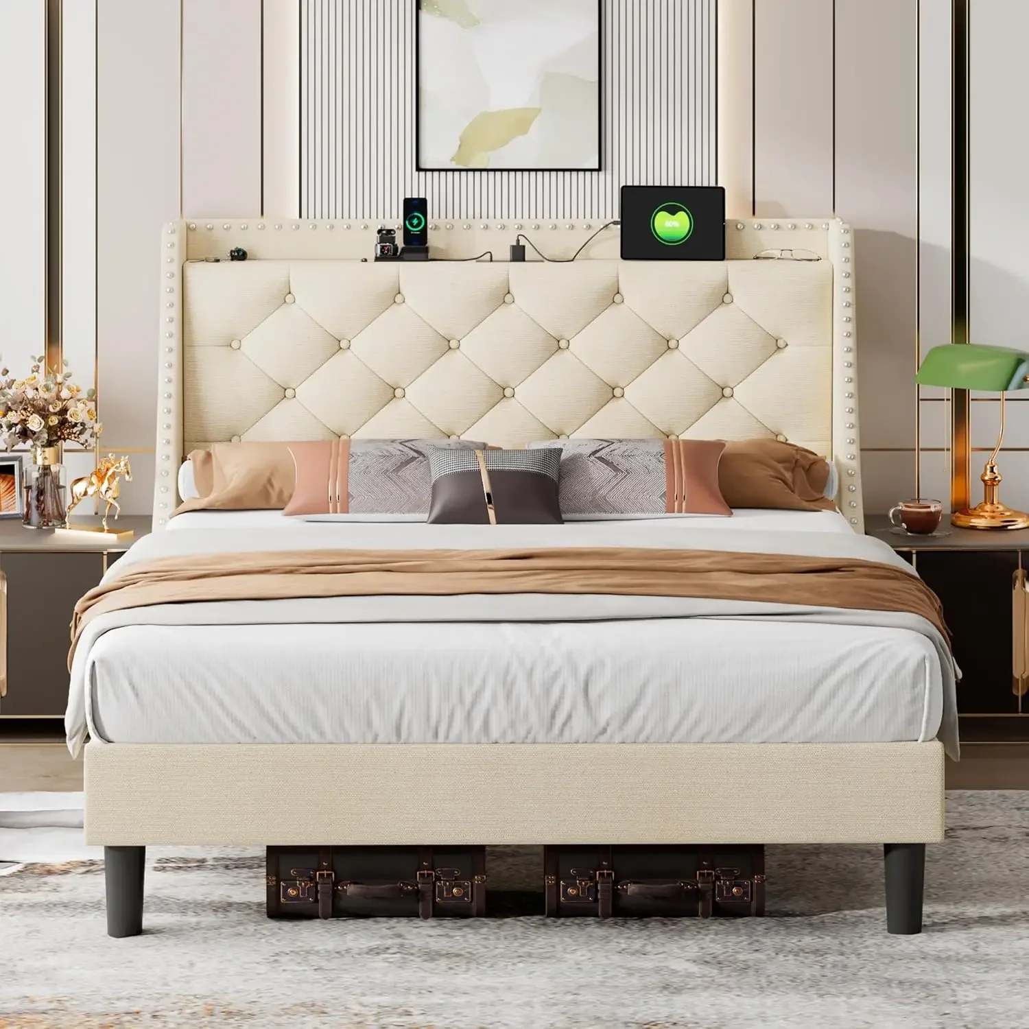 

Queen Bed Frame with 16" Deluxe Wingback & USB & Type-C Ports, Upholstered Platform Beds with Button Tufted Storage Headboard