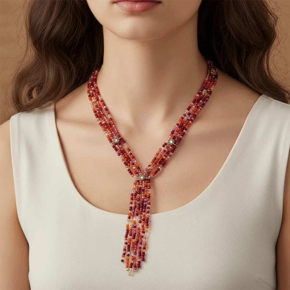 

2 PCS 2 Layers Stacked Beads Necklace Versatile Exaggerated Beaded Choker Necklace Handmade Tassel Women Collarbone Chain Bride