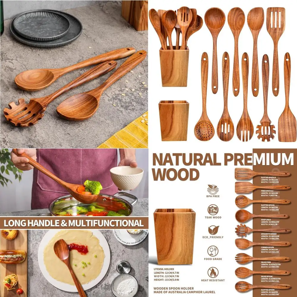 

Набор кухонных принадлежностей из тикового дерева, 9 предметов с держателем, 13 натуральных кухонных инструментов из австралийского камфора и лавра