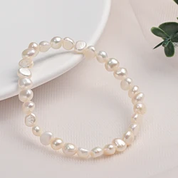 HENHSHENG Classics White 5-6mm AAA Glossy Natural Freshwater Baroque Pearl Elastic Bracelet For Women Girls Jewelry Daily party
