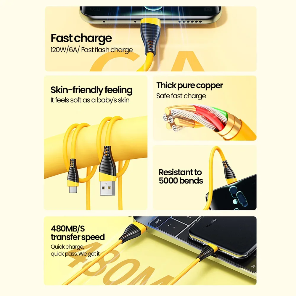 كابل بيانات شحن سريع 120 وات 6A USB C إلى كابل من النوع C لهاتف Samsung Xiaomi Huawei Honor OPPO كابل شحن سريع USB من النوع C