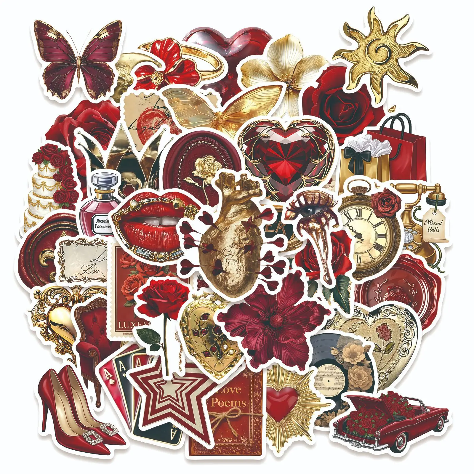 50 Stück Vintage Rote Rose Gold Graffiti Aufkleber Ästhetische Cartoon-Sticker DIY Gepäck Handy Gitarre Scrapbook Wasserfeste Aufkleber