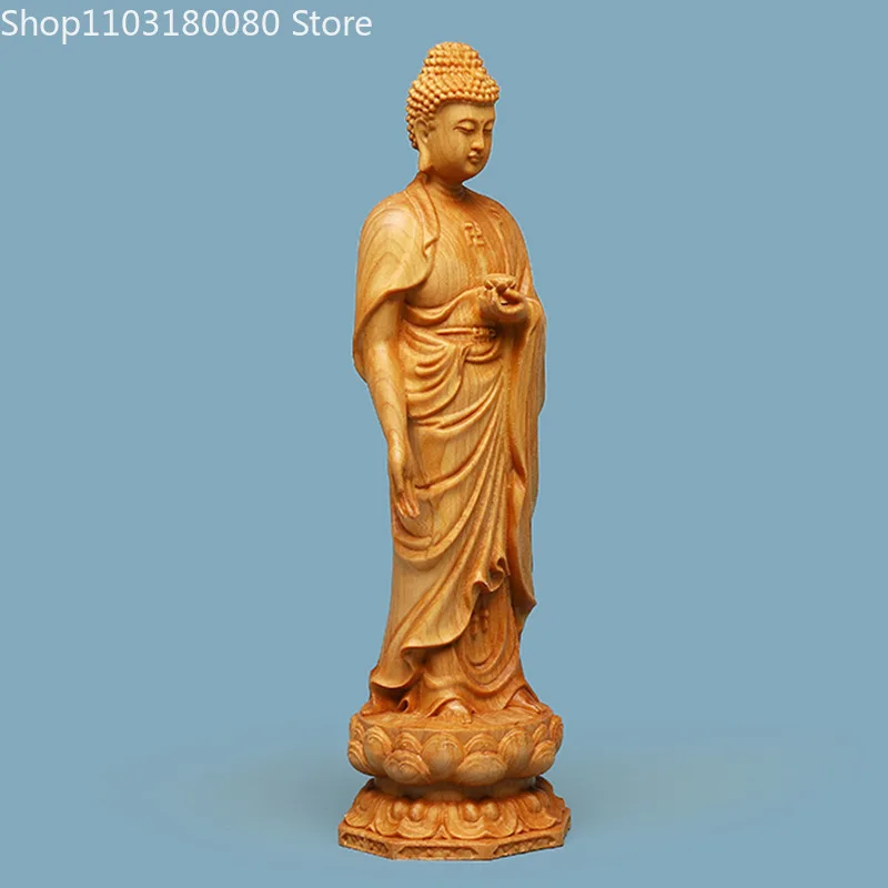 20cm Cliff cypress wood carving standing Sakyamuni Tathagata buddha statue sculpture decor