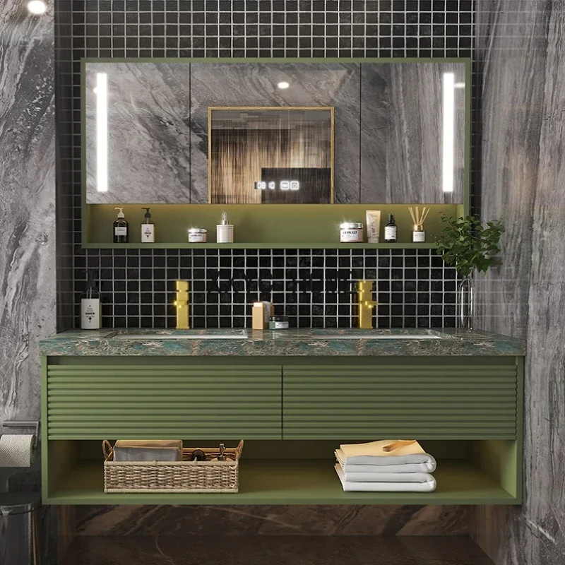 

Light Luxury Stone Plate Bathroom Cabinet Combination Modern Simple Smart Mirror Cabinet Bathroom Pure Solid Wood Washstand