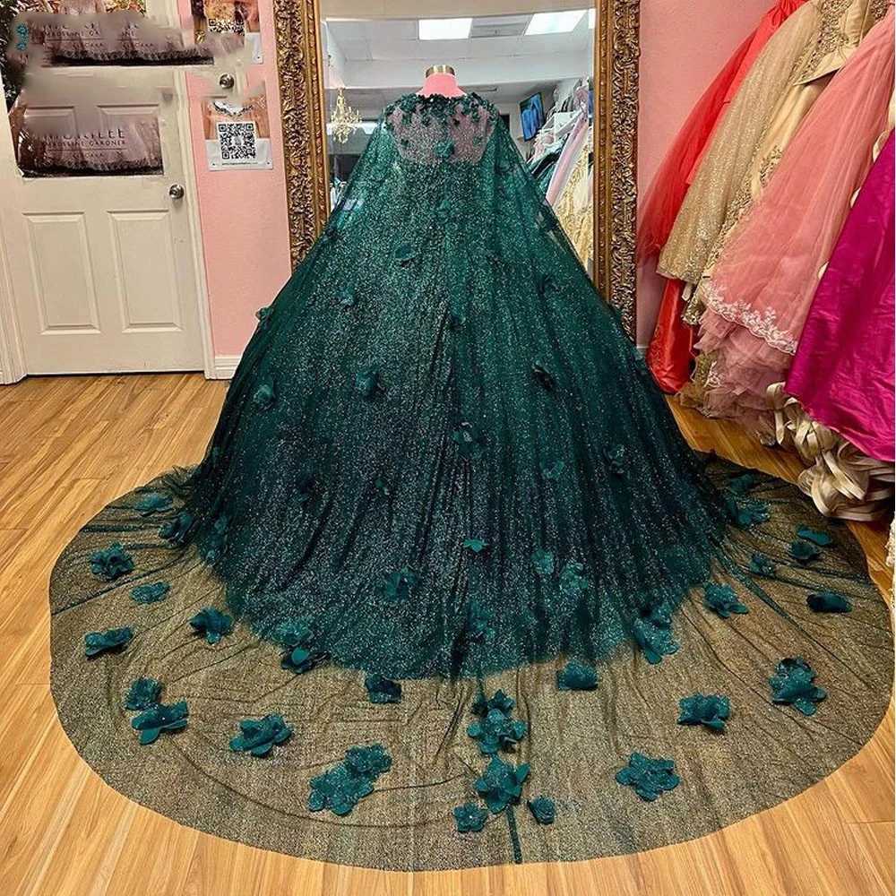 ANGELSBRIDEP Emerald Green Shiny Quinceanera Dress 2024 With Cape Ball Gown Sleeveless 3D Flowers Corset Vestido De 15 Anos