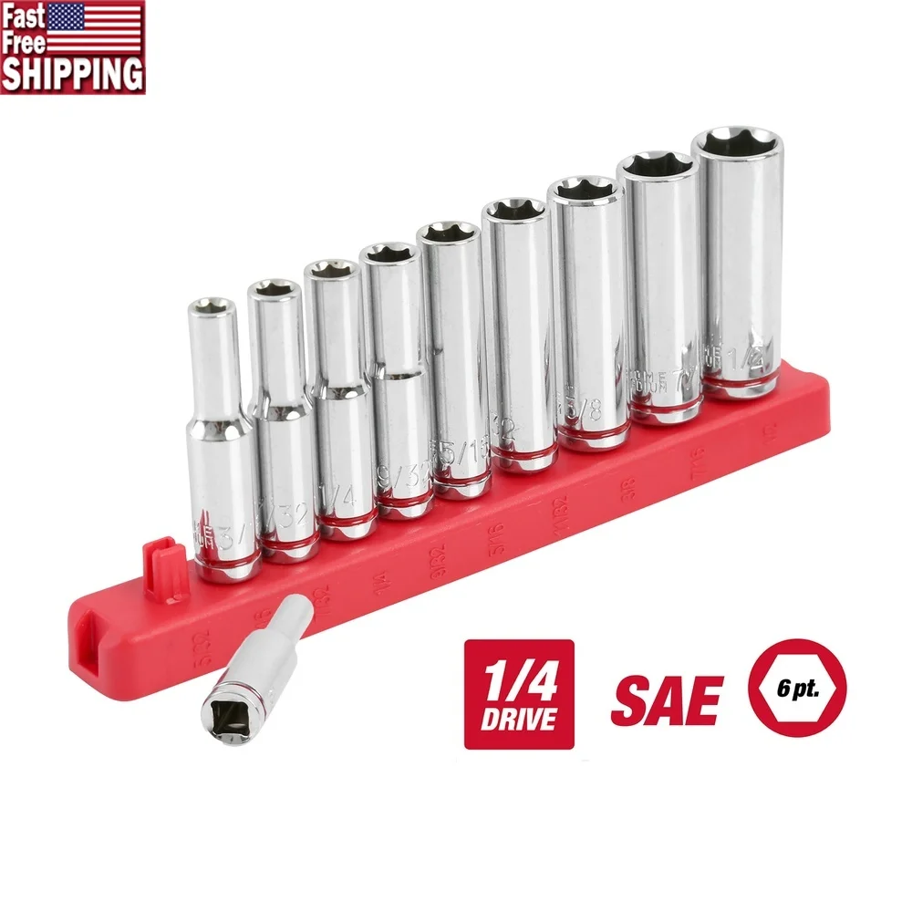 

11-Piece 1/4-Inch Drive Deep Standard SAE Socket Set Color Coded Sizes Stamped Reusable Rail Ideal Home Mechanical Projects