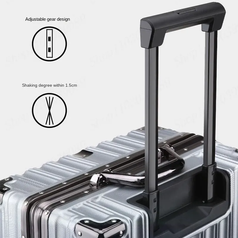 Nieuwe anti-shock handbagage met spinnerwielen Wachtwoordslot Bagage Grote capaciteit Gestreepte aluminium frame trolleykoffer