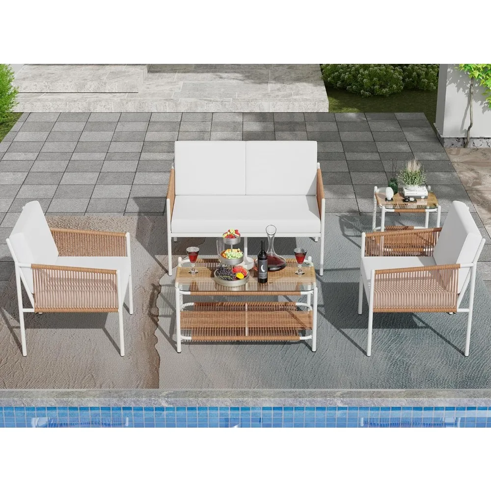 5-Piece Wicker Outdoor Patio Furniture Set Consisting of a Two-Seat Sofa, Two Single Chairs, and Two Coffee Tables