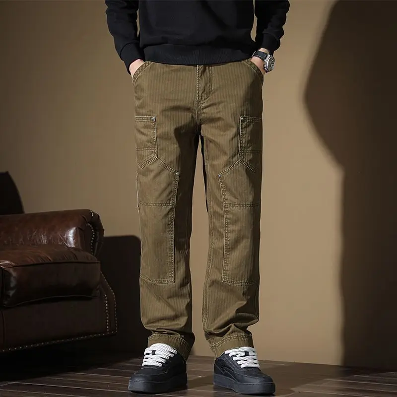 Fashionable Khaki American High Street Casual Pants for Men 2024 New Straight Wide-leg Long Cotton Trendy Tooling Trousers