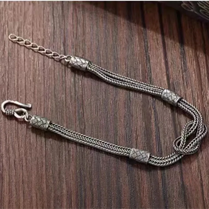 S925 Sterling Silver Bracelets for Women Men New Fashion 8-knot Handmade Weaven Horsewhip-chain Adjustable Length