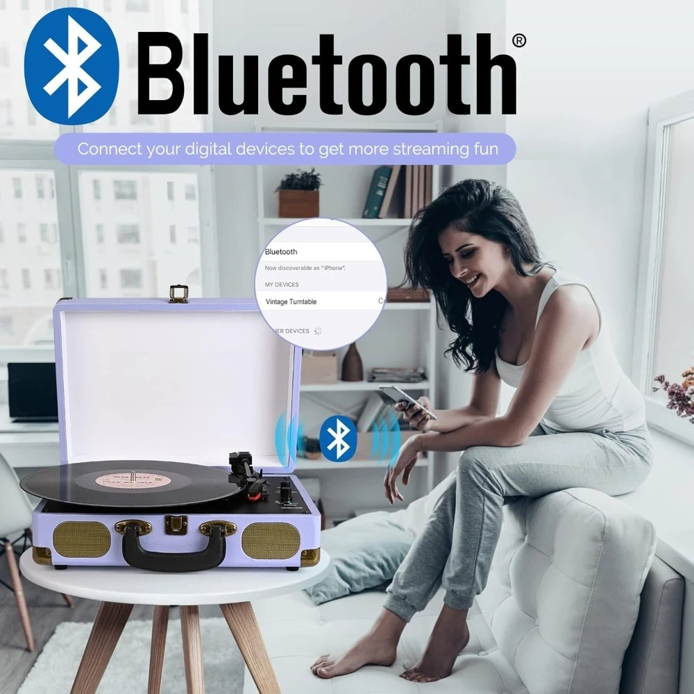 

Портативная 3-скоростная Bluetooth-колонка-проигрыватель в виде чемодана со встроенными динамиками, AUX, RCA — полностью обновленная версия