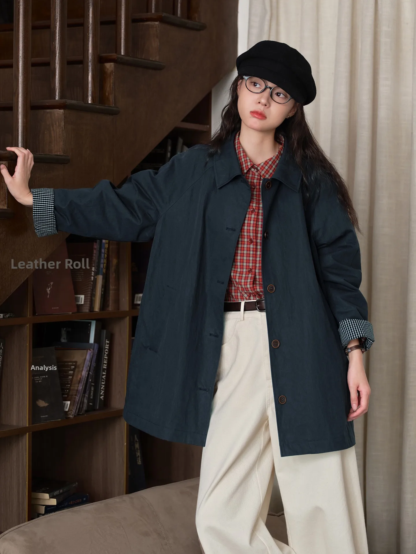 Original Cotton Nylon Blend Long Sleeve Blue Lapel Coat Women's Autumn Medium Length Loose Casual Top Fashion Outerwear