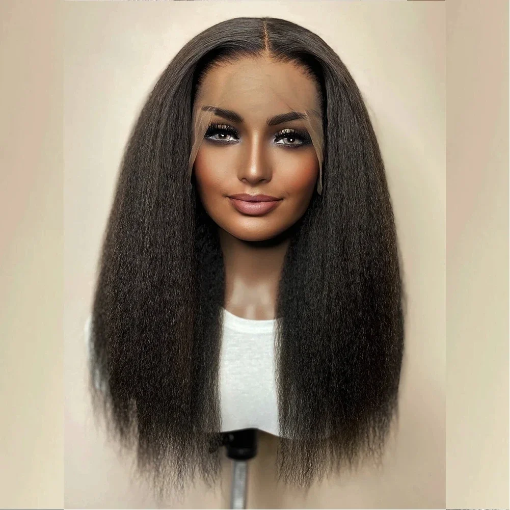 Kinky Straight Lace Front Wig para mulheres, cabelo macio do bebê, pré-arrancadas, sem cola, resistente ao calor, sintético, natural Yaki, 180 Densidade, 26"