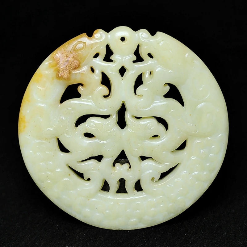YIZHU CULTUER ART Size 6.6×6.6×0.7cm Chinese Old Jade Hand carved Dragon Phoenix Statue Yu Bi Yubi Pendant Collection