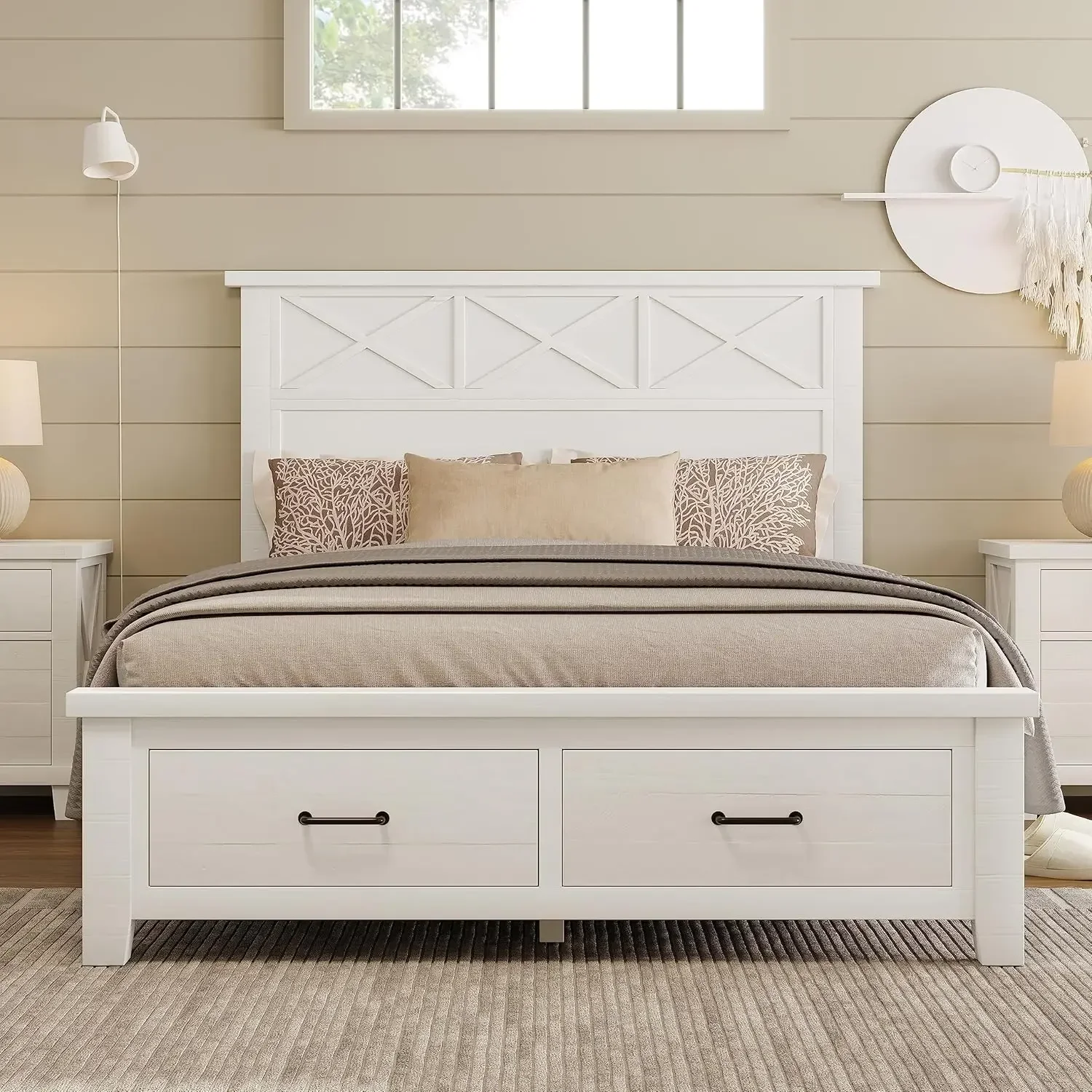 Farmhouse Queen Platform Bed Frame with Storage Drawers Queen Size Bed with High Headboard