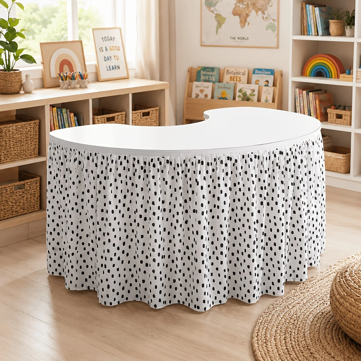 1 PC Black and White Dot Table Skirt, Classic Mini Dot Print Elastic Table Edge Flairzyc