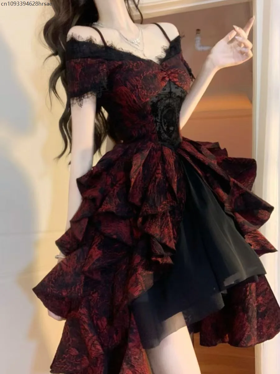 Spring Summer New Heavy Light Luxury Off-shoulder Cosplay Fluffy Princess Dress Gothic Lolita Black and Red Jacquard Wave Dress