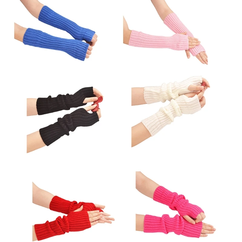 

New Knitted Arm Sleeves Thumb Hole Gloves Winter Arm Warmer Long Half Finger Mittens Stretchy Solid Color Arm Covers