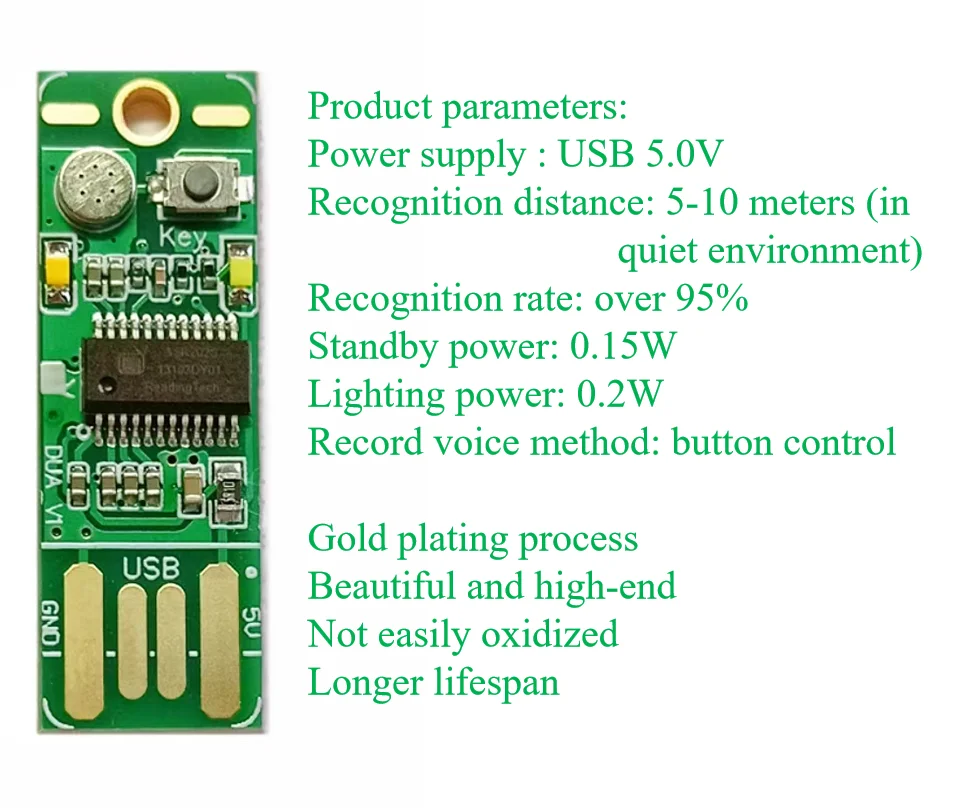 Control de reconocimiento de voz Luz nocturna USB Módulo de reconocimiento DUA V1.1 (Soporte para grabar cualquier comando Admite cualquier idioma)