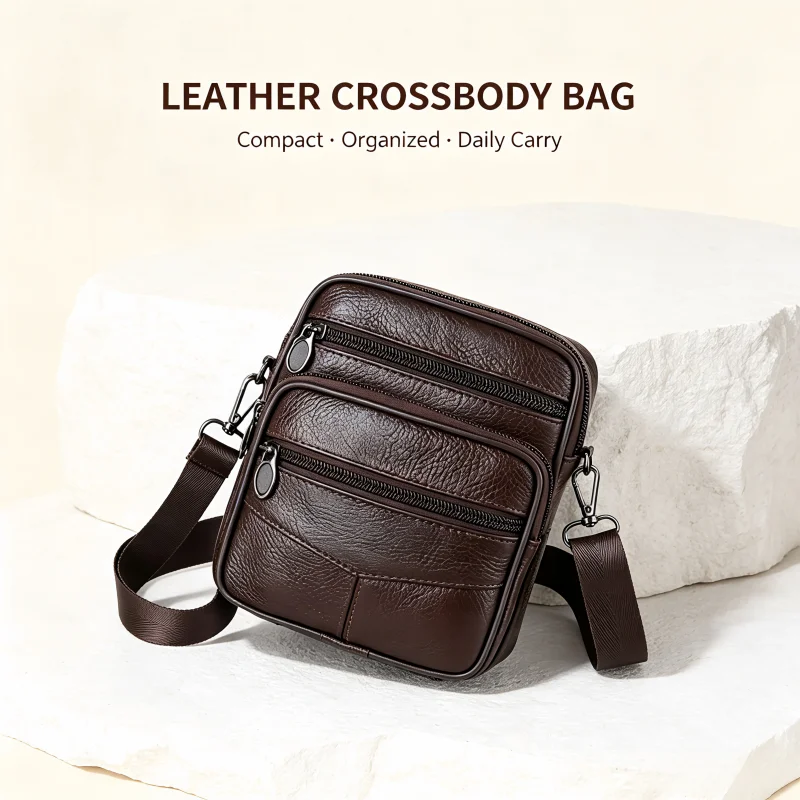 Homefish Men Genuine Leather Crossbody Bag Retro Vertical Multifunctional Shoulder Bag Zipper Pocket Business Travel Casual Mess