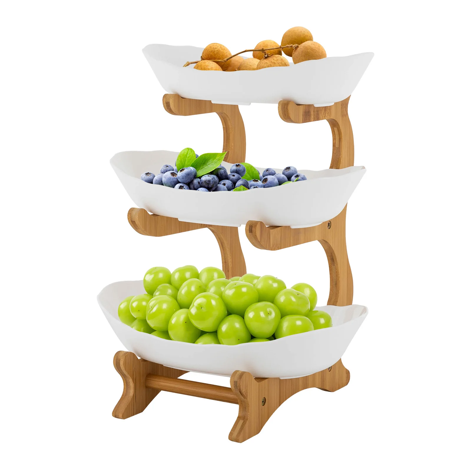 3-Tier Serving Bowls with Stand, Snack Dessert Cake Tray Plate Rack for Party Wedding, Fruit Bowl with Bamboo Wood Stand