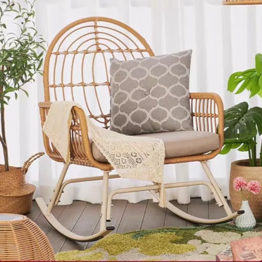 

Patio Rattan Rocker Chair, Upholstered Nursing Armchair, Modern Rocking Chair with High Backrest, Nursery Rocking Chair, Comfy