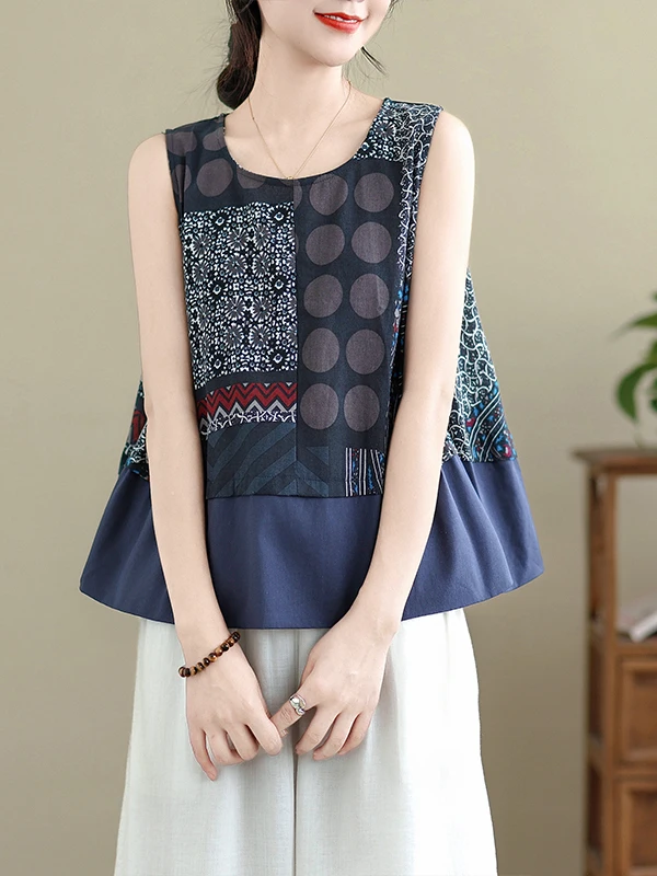 Loose Casual Geometric Polka Dot Print Patchwork A-Line Svel Small Vest Large Size Women's Clothing Summer Cotton Linen