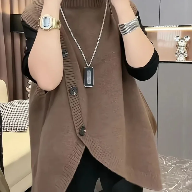 

Autumn and winter new grey high neck knitted sweater vest, high-end and niche top