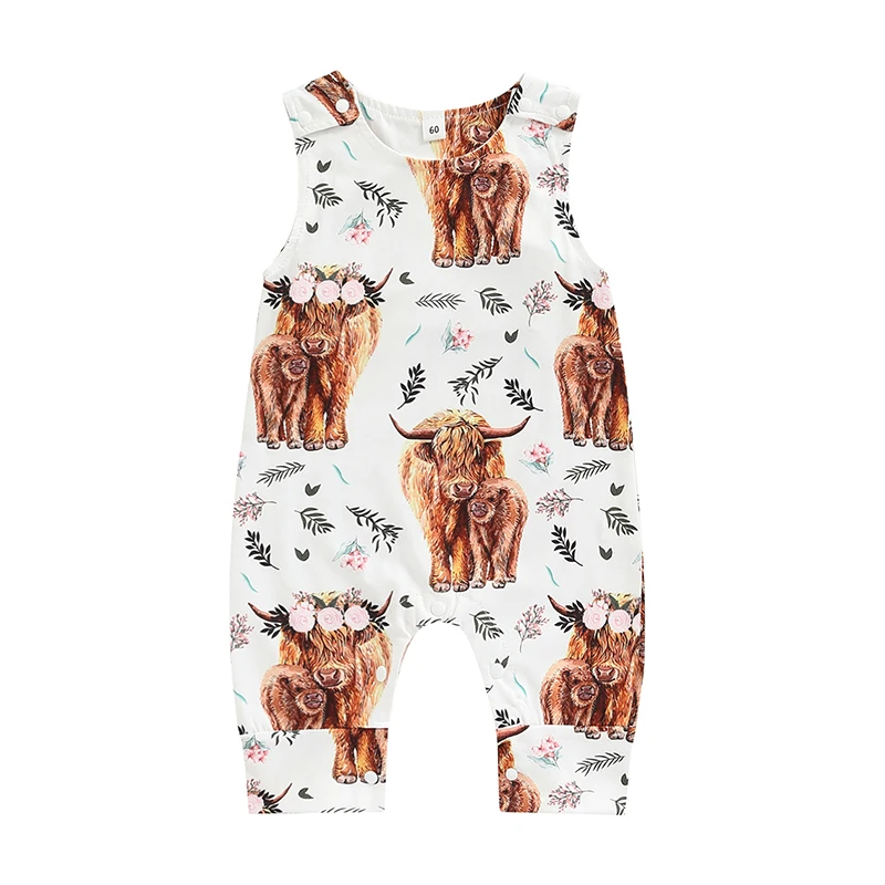 

Summer Infant Baby Girls Romper Sleeveless Crew Neck Cow Flower Print Jumpsuit Newborn Overalls Fashion Baby Clothing